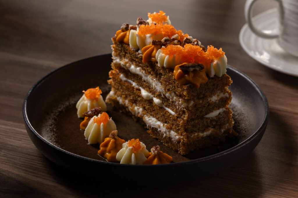 Moist carrot cake dessert served at Katerina Restaurant in San Antonio in Stone Oak