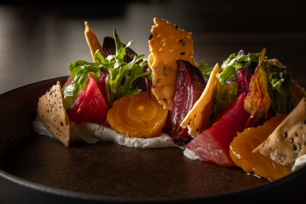 Pickled beet salad with Arcadia greens, whipped goat cheese and baguette tuile at Katerina Restaurant